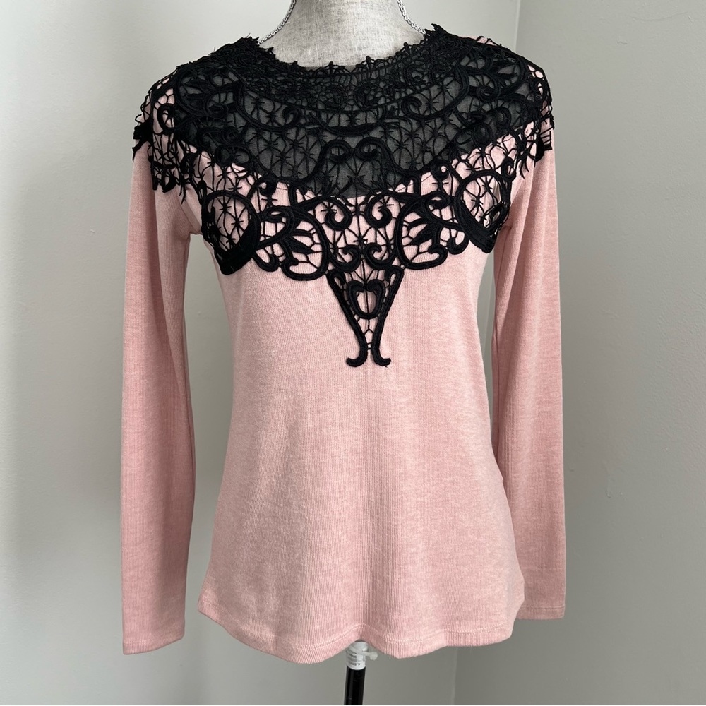 Zara Black Lace Crochet Trim Pullover Sweater Top Dusty Rose Pink Small
